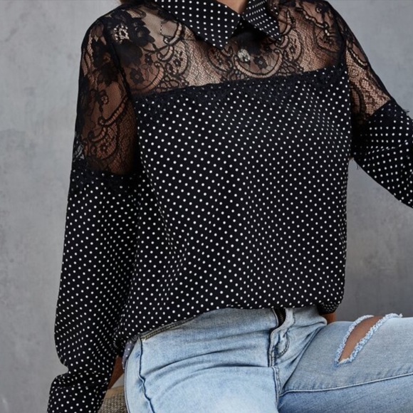 Black white polka dot floral sheer lace blouse - Picture 6 of 10